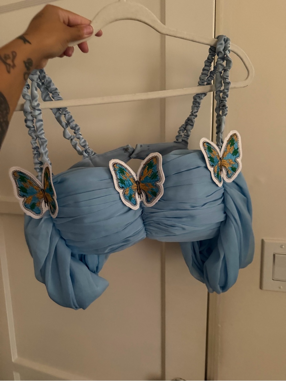 Tia Adeola Light Blue Butterfly Appliqué Draped Crop Top